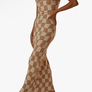 Checkered Tan and Cream Maxi Dress